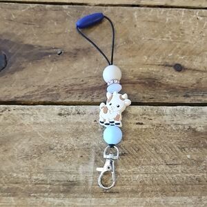 Charming Cow Keychain with Blue and White Beads